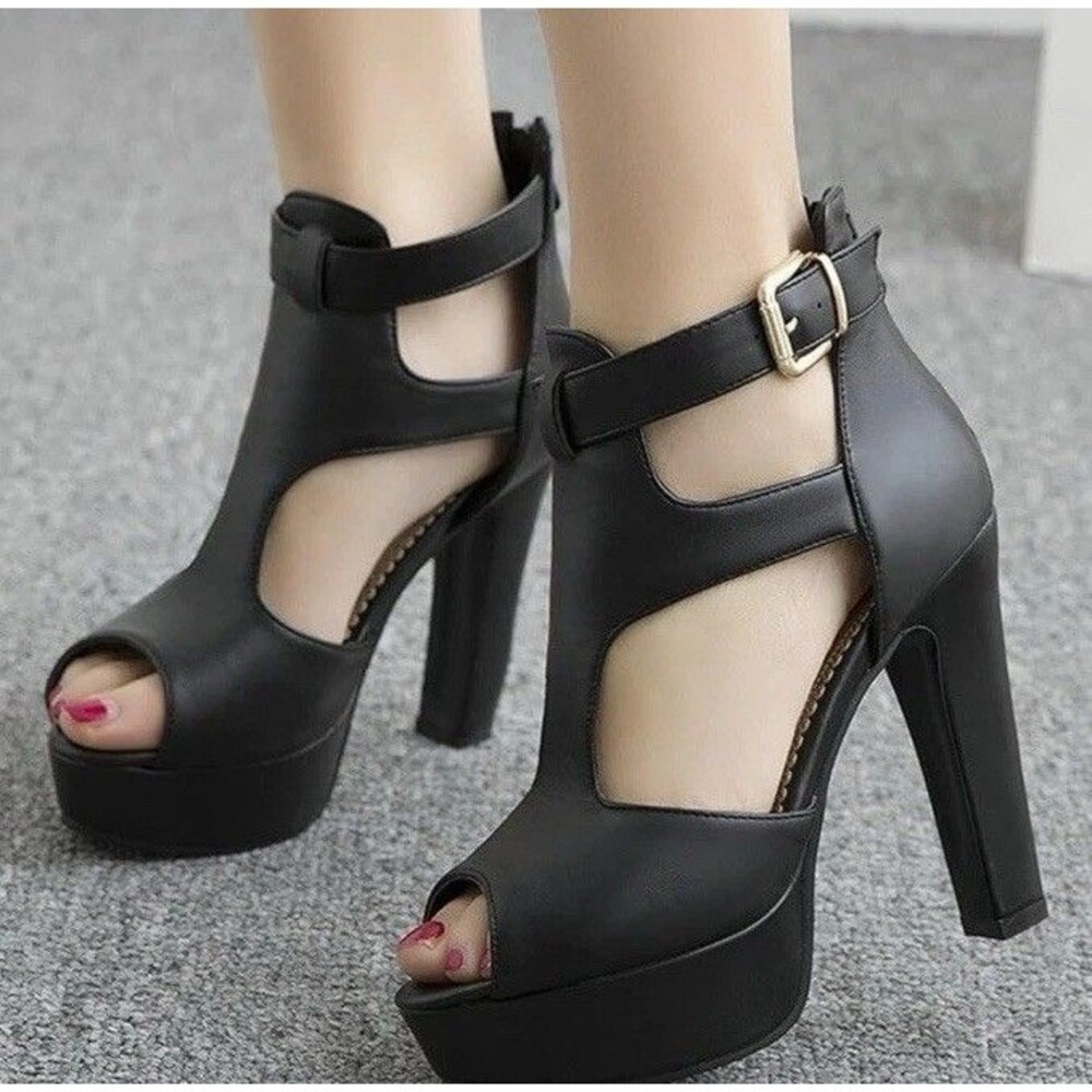 Fereshte Black Patent Platform Peep Toe Gladiator Heels - Size